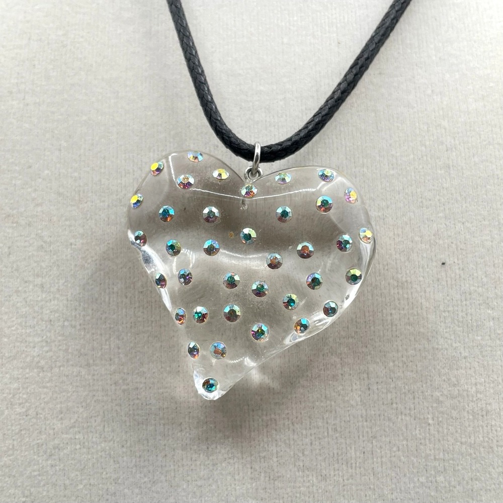 Vera Bradley Silver-Tone Black Cord Faceted Clear Glass Heart Pendant Necklace